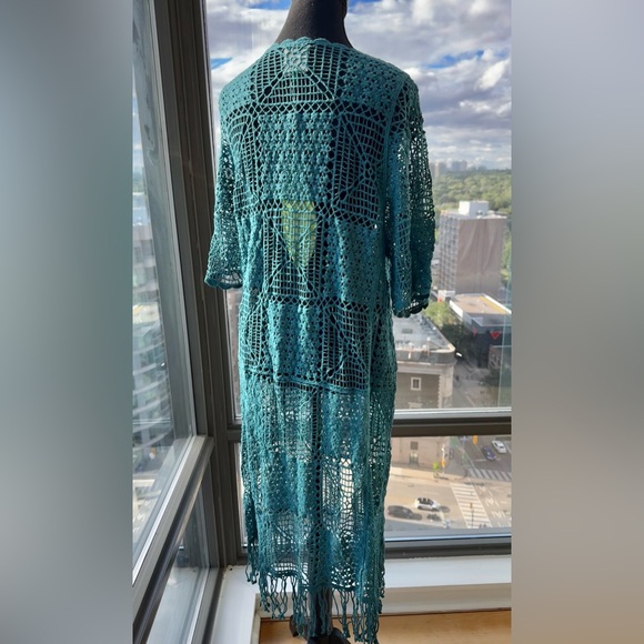 🆕 FARM Rio 🧿 NWOT Floral Crochet Tie Up Kimono, Teal - Sz M - Picture 9 of 16